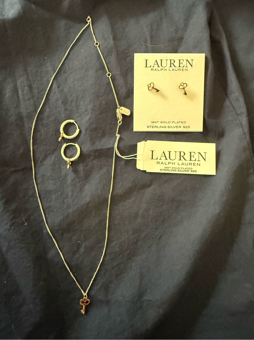 Ralph Lauren Sterling silver/18kt plated key set- studs/hoops/necklace NWT